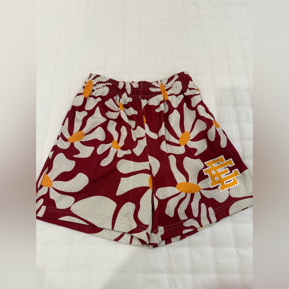 Eric Emanuel Maroon Floral Athletic Shorts with Cream & Yellow Accents